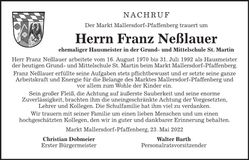Traueranzeige Franz Neßlauer