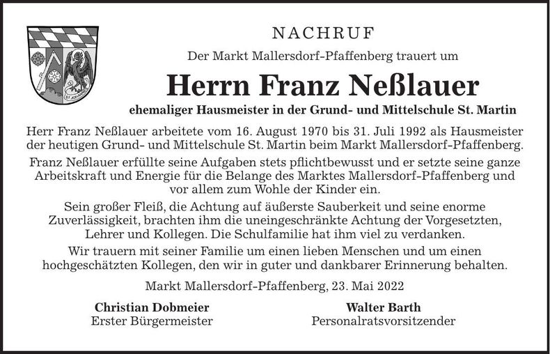 Traueranzeige Franz Neßlauer