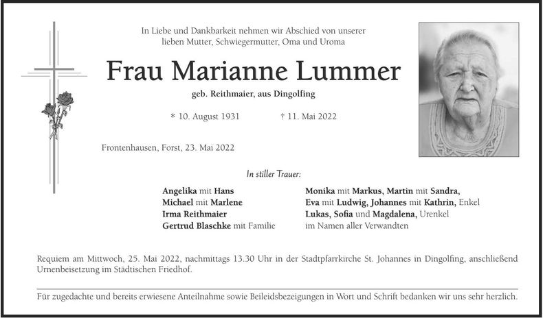 Traueranzeige Marianne Lummer