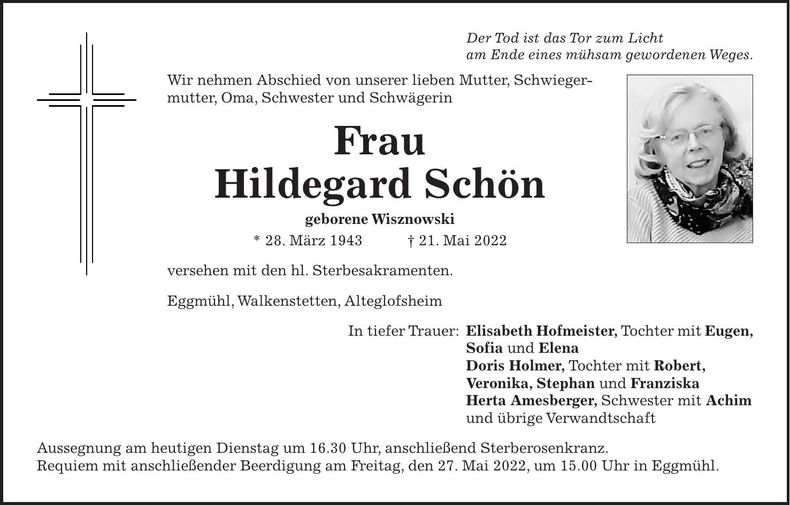 Traueranzeige Hildegard Schön