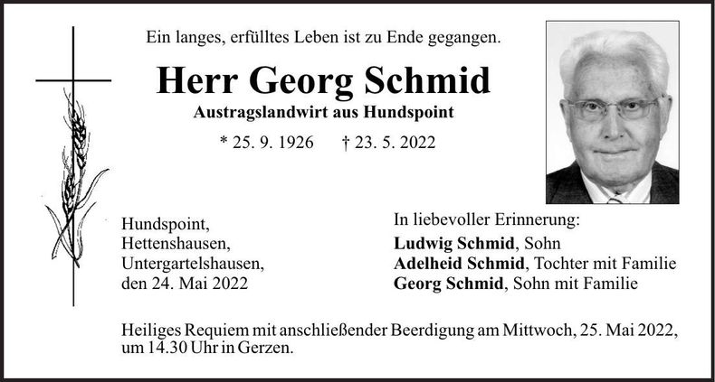 Traueranzeige Georg Schmid