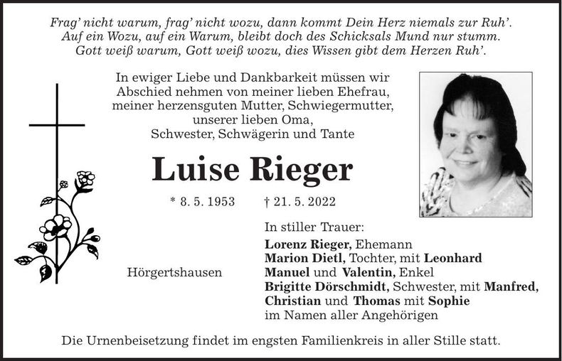 Traueranzeige Luise Rieger