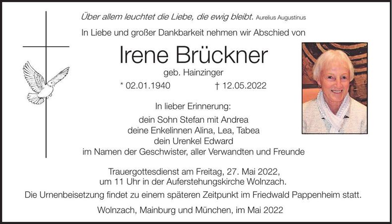Traueranzeige Irene Brückner
