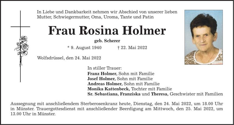 Traueranzeige Rosina Holmer