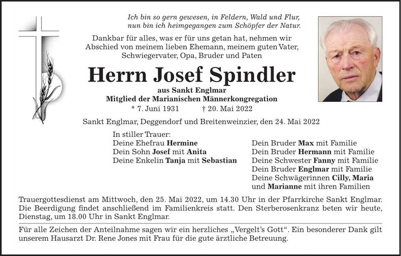 Traueranzeige Josef Spindler