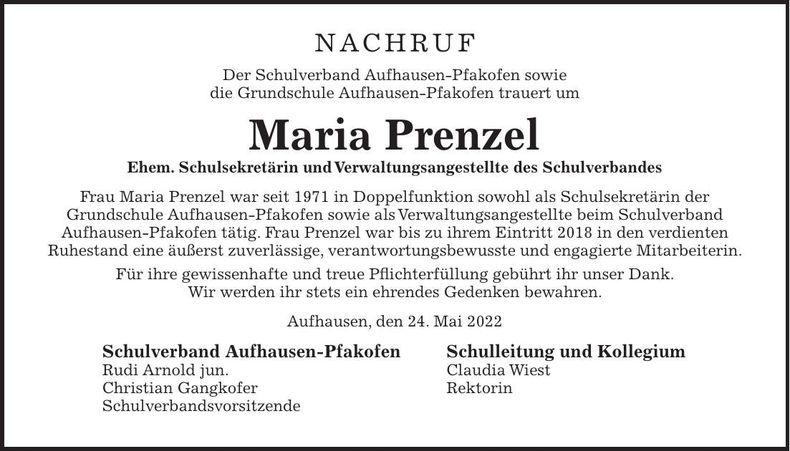 Traueranzeige Maria Prenzel