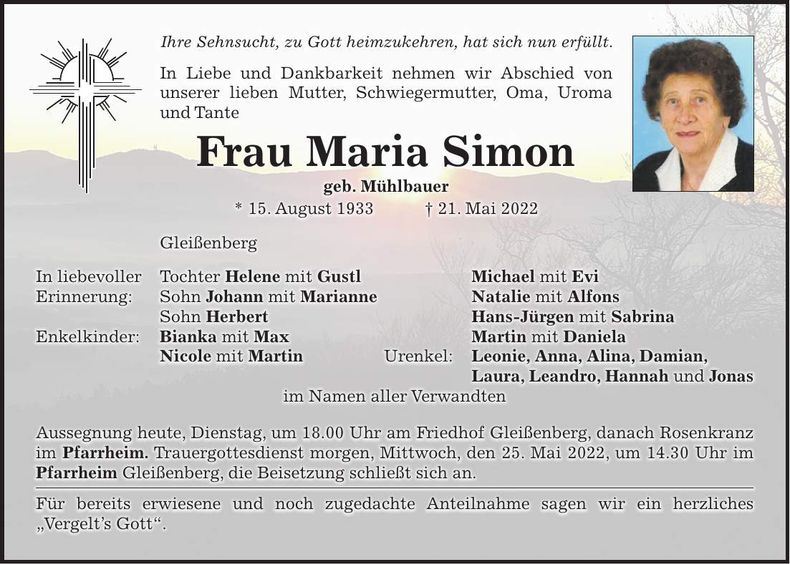 Traueranzeige Maria Simon