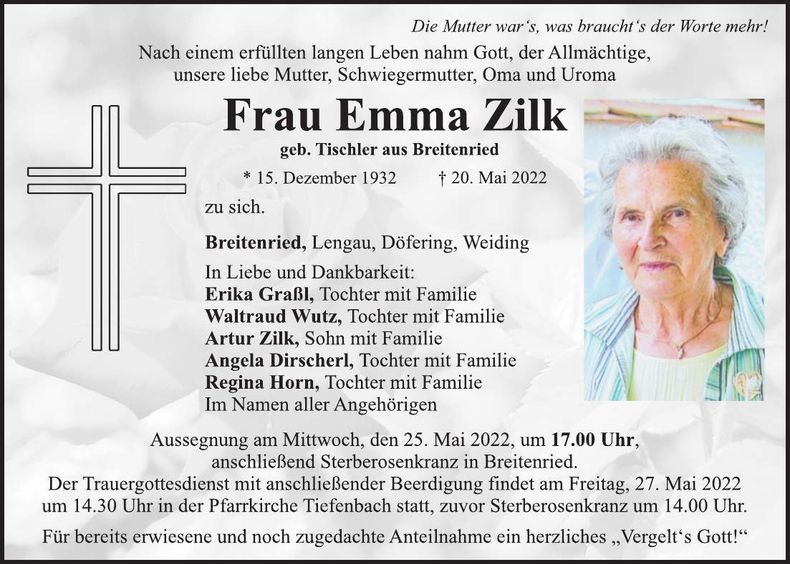 Traueranzeige Emma Zilk
