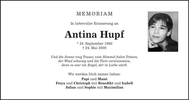 Traueranzeige Antina Hupf