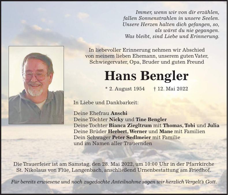 Traueranzeige Johann Bengler