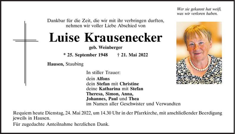 Traueranzeige Krausenecker Luise
