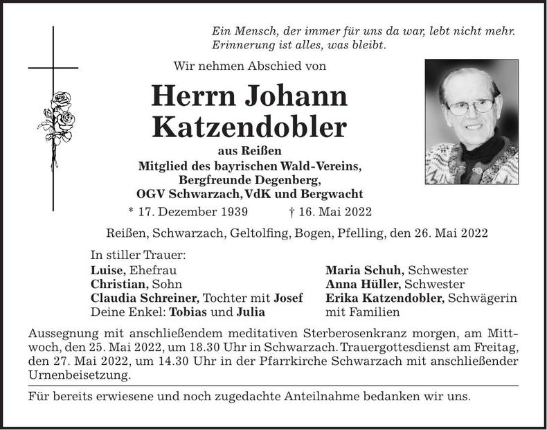 Traueranzeige Johann Katzendobler