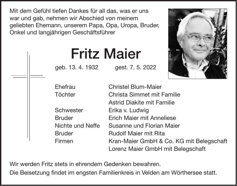 Traueranzeige Fritz Maier