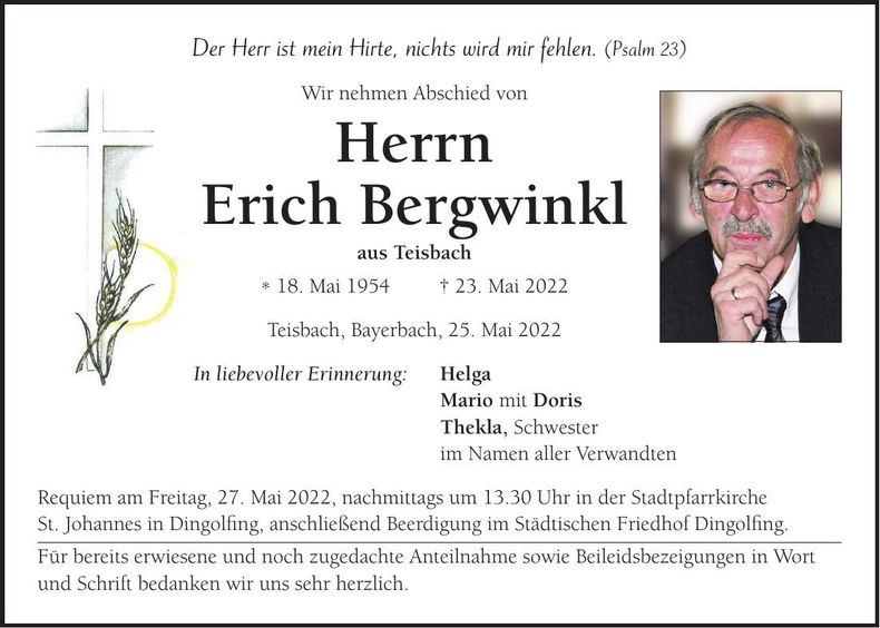Traueranzeige Erich Bergwinkl