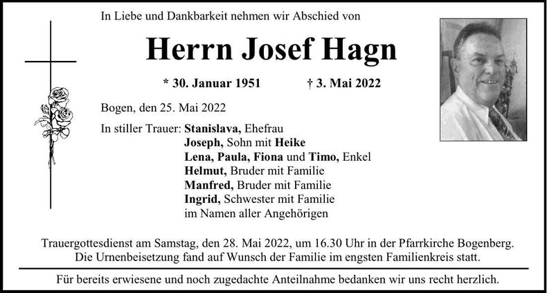 Traueranzeige Josef Hagn