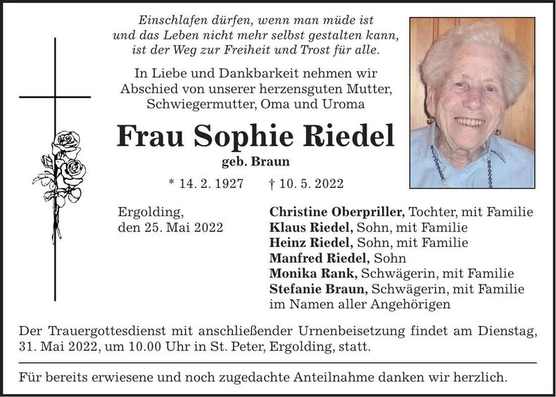 Traueranzeige Sophie Riedel