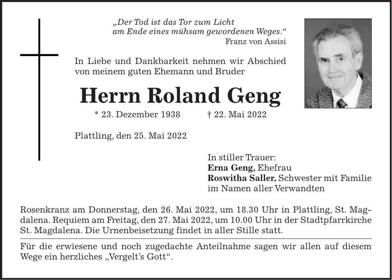 Traueranzeige Roland Geng