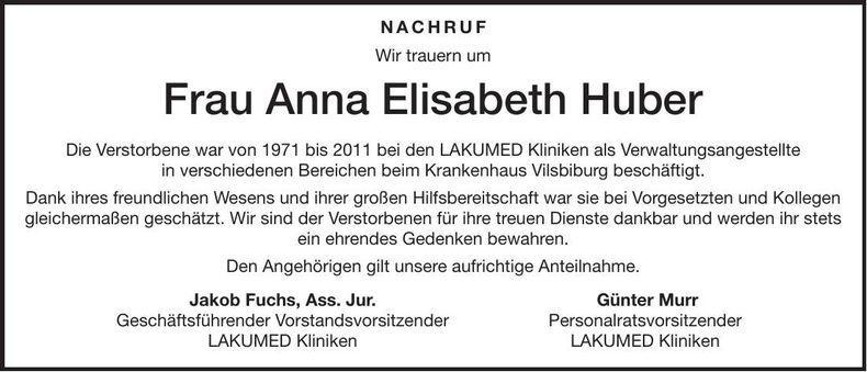 Traueranzeige Anna Elisabeth Huber