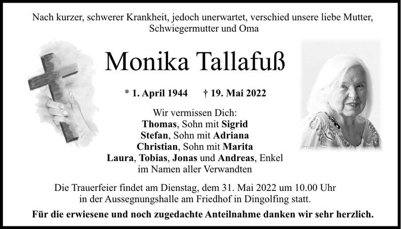 Traueranzeige Monika Tallafuß