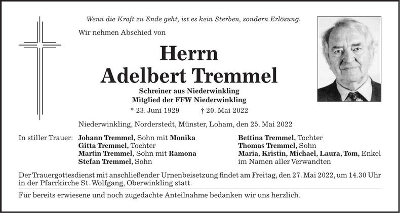 Traueranzeige Adelbert Tremmel