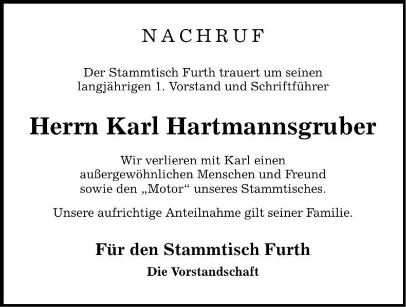 Traueranzeige Karl Hartmannsgruber