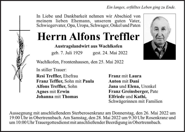 Traueranzeige Alfons Treffler