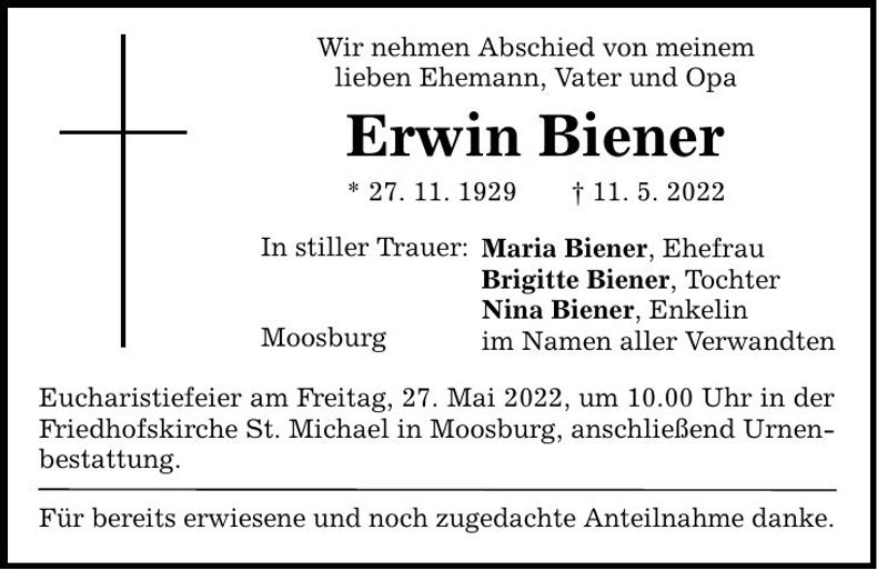 Traueranzeige Erwin Biener