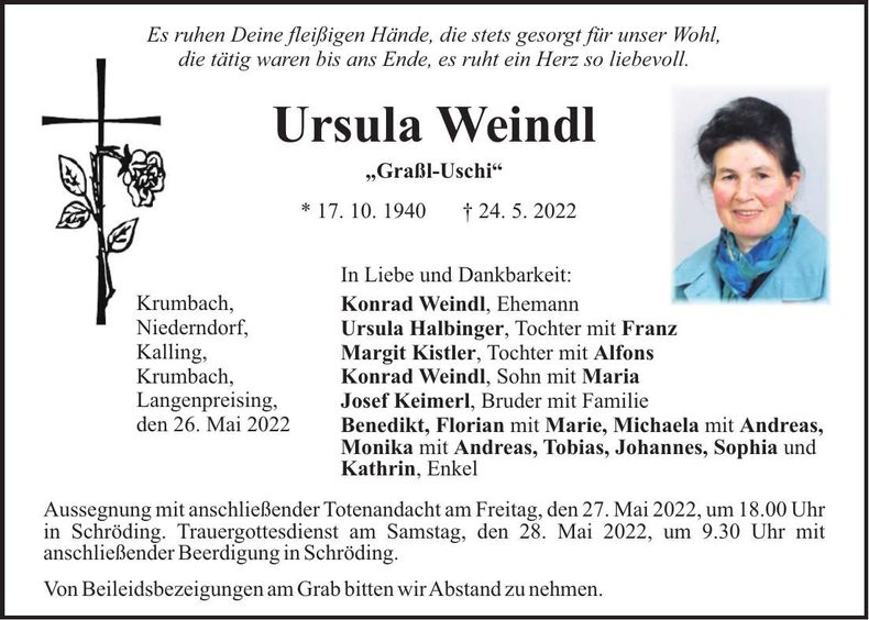 Traueranzeige Ursula Weindl