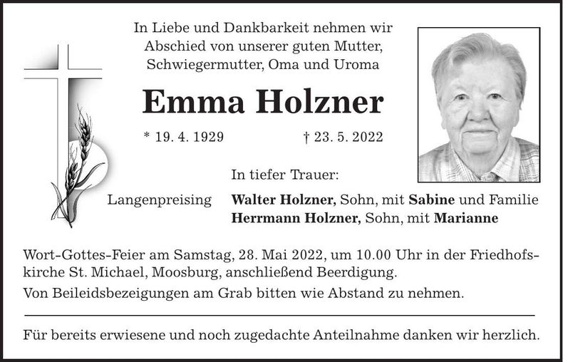Traueranzeige Emma Holzner