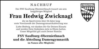 Traueranzeige Hedwig Zwicknagl