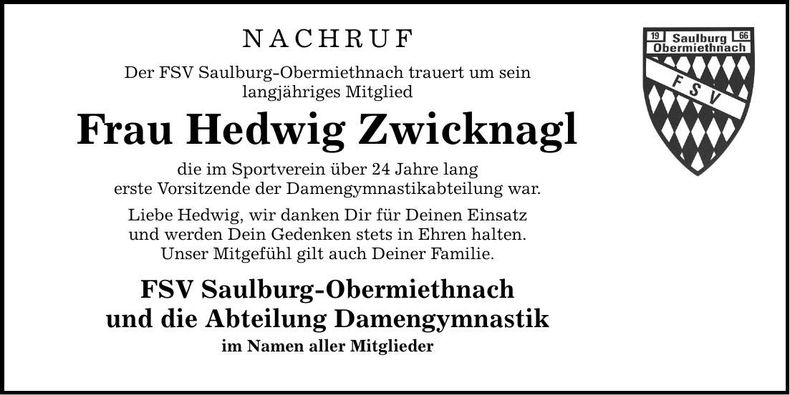 Traueranzeige Hedwig Zwicknagl
