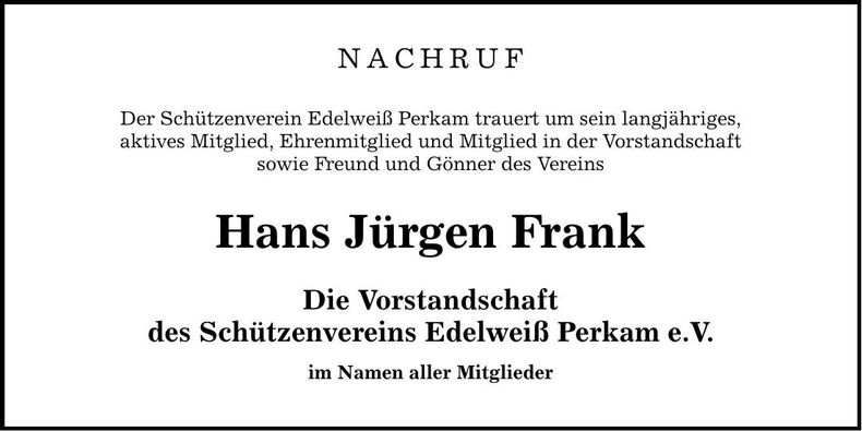 Traueranzeige Hans-Jürgen Frank