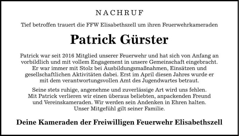 Traueranzeige Patrick Gürster