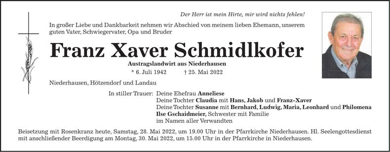 Traueranzeige Franz Xaver Schmidlkofer Schmidlkofer
