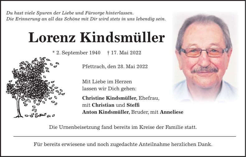 Traueranzeige Lorenz Kindsmüller