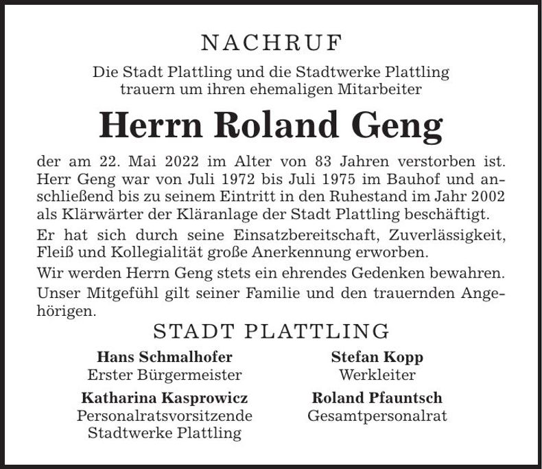 Traueranzeige Roland Geng