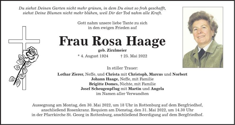 Traueranzeige Rosa Haage