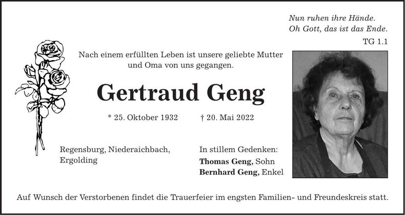 Traueranzeige Gertraud Emma Edith Geng