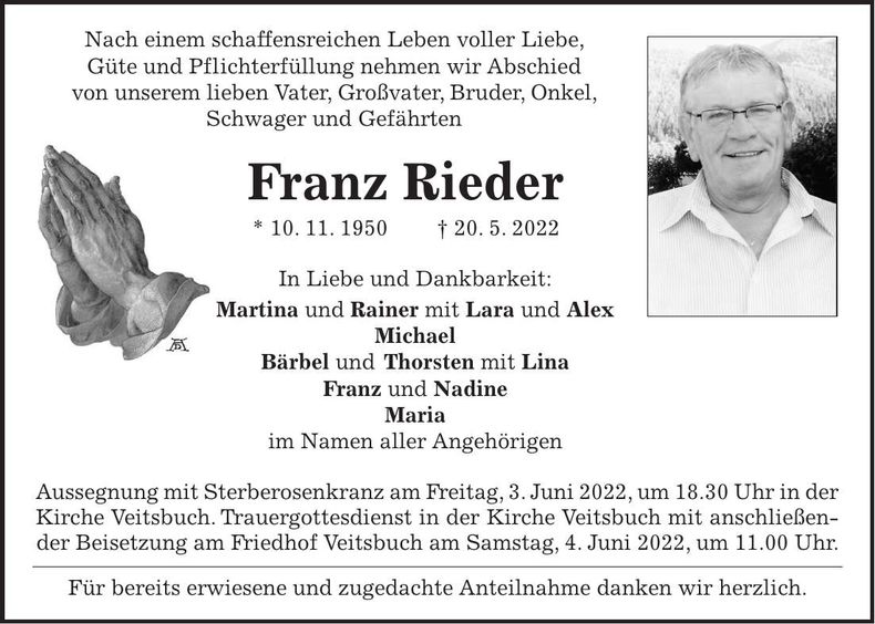 Traueranzeige Franz Rieder