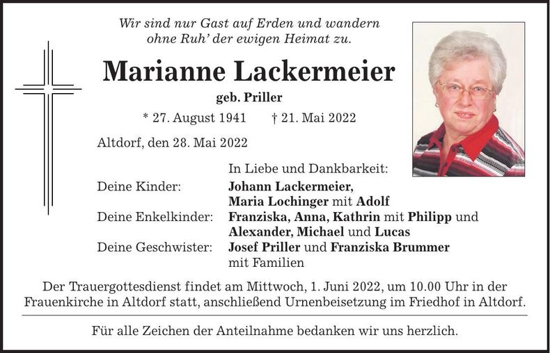 Traueranzeige Marianne Lackermeier