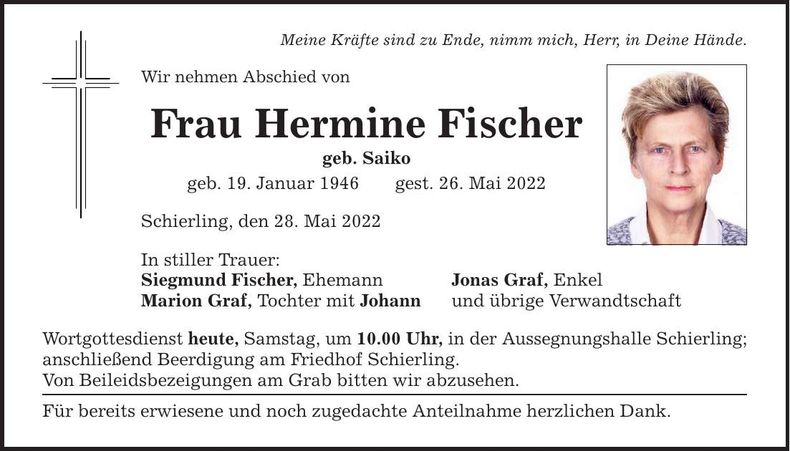 Traueranzeige Hermine Fischer