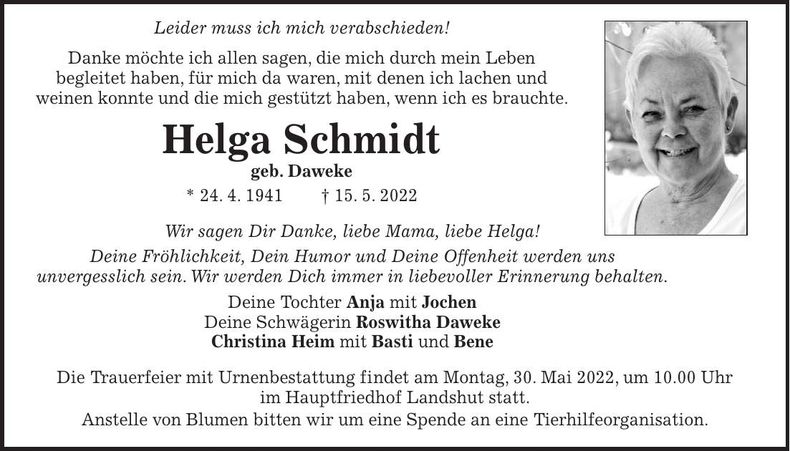 Traueranzeige Helga Schmidt