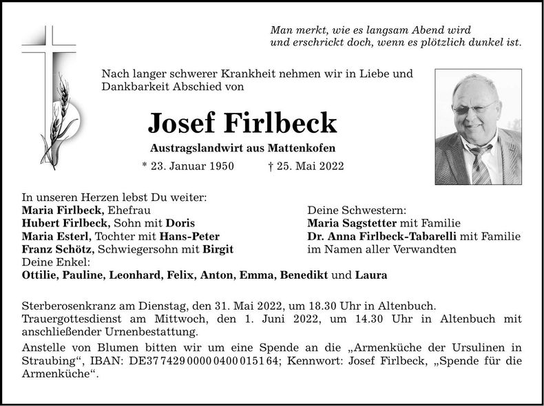 Traueranzeige Josef Firlbeck