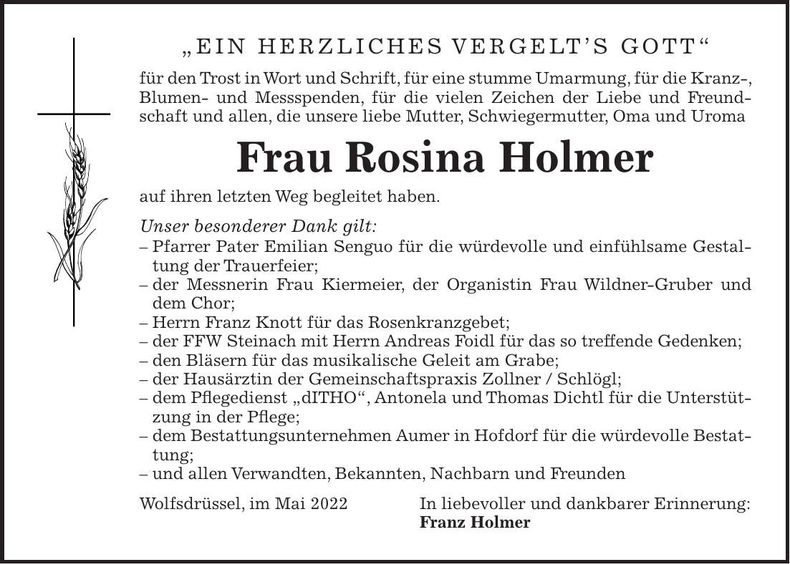 Traueranzeige Rosina Holmer