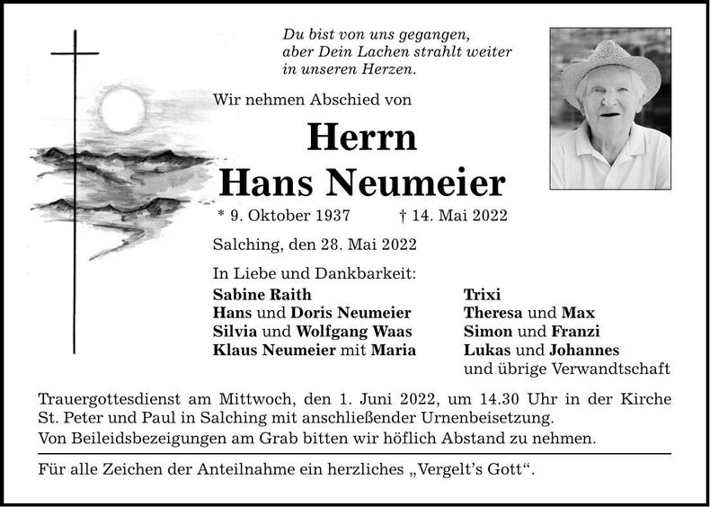 Traueranzeige Hans Neumeier