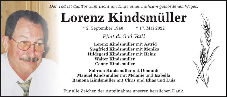 Traueranzeige Lorenz Kindsmüller