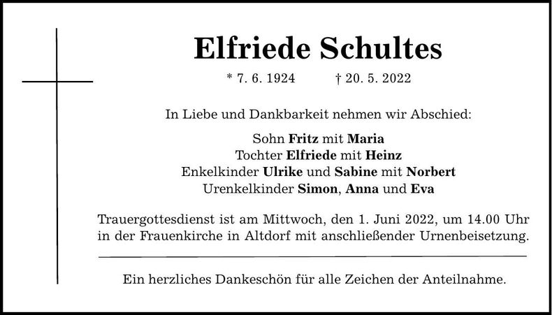Traueranzeige Elfriede Schultes