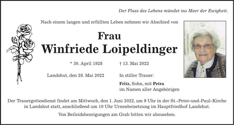 Traueranzeige Winfriede Loipeldinger