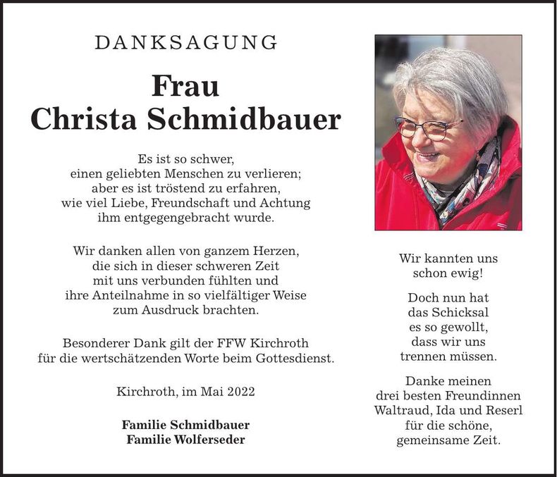 Traueranzeige Christa Schmidbauer