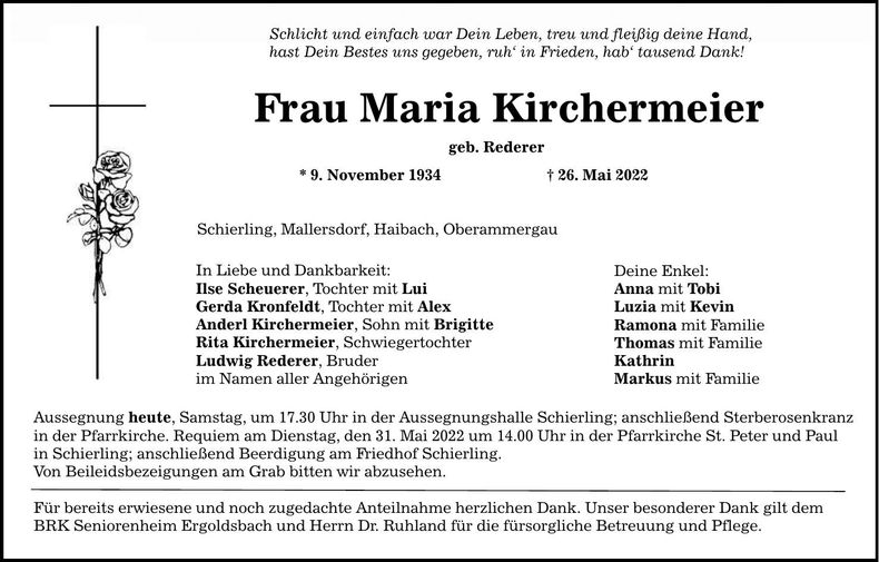 Traueranzeige Maria Kirchermeier